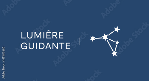 LUMIÈRE GUIDANTE. Logo conceptuel avec une constellation d'étoiles sur fond bleu. Illustration vectorielle de la lumière, de la direction et de l'astronomie.