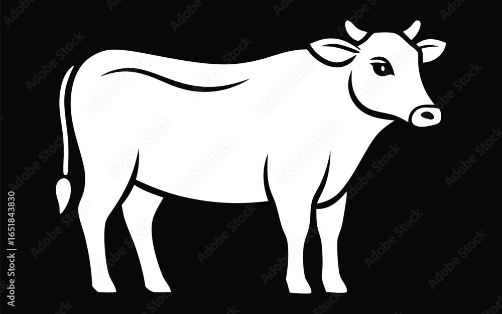 Fototapeta premium Minimal white cow silhouette standing boldly against black background creating clean modern farm design
