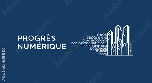 Progrès numérique. Concept de ville intelligente et de transformation digitale avec des données binaires et une ligne d'horizon urbaine. Illustration vectorielle.