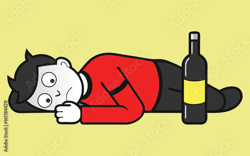 Minimalist grey toned drunk man silhouette lying down with bottle crossed eyes