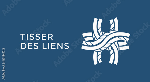 TISSER DES LIENS. Concept de connexion, de réseau et de solidarité. Icône de cordes entrelacées sur fond bleu.