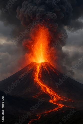 Majestic Volcano Eruption with Glowing Lava and Ash Clouds