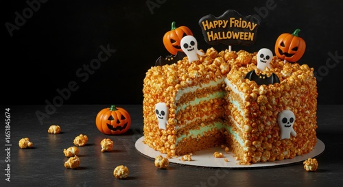 Happy Friday Halloween eerie-themed popcorn cake with glowing layers with fun mix of sweet and creepy for festive celebration or halloween event