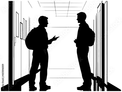 Silhouette of Principal Talking to a Student in Corridor