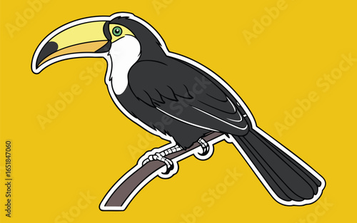 Realistic black toucan bird with bright yellow beak