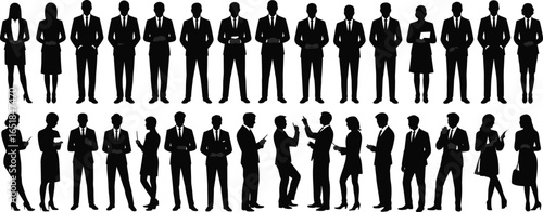 Silhouette Business People Team Communicating and Holding Devices in Office Environment – Professional Corporate Group Vector Illustration Design
