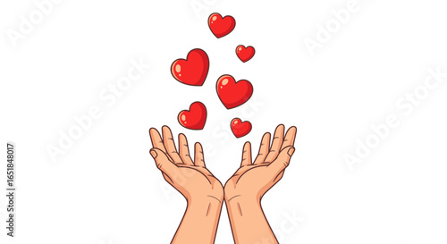 Conceptual illustration of open hands sharing love and kindness, with red hearts floating. Symbol of charity, support, and giving.