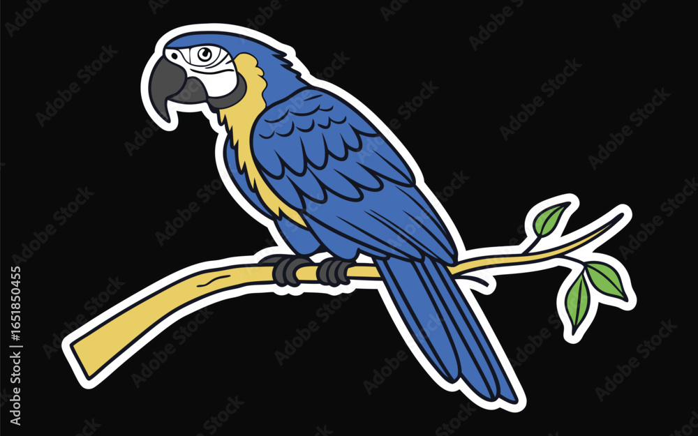 Fototapeta premium Bright blue parrot with yellow chest and white sticker border design
