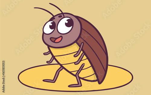 Cute cartoon cockroach standing on a yellow surface.