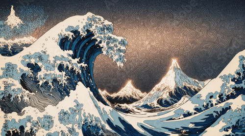 Digital painting of a great wave in a traditional Japanese art style
