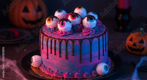 halloween neon-lit cake with dripping candy eyeballs with dramatic sweet horror style for a festive celebration or party theme