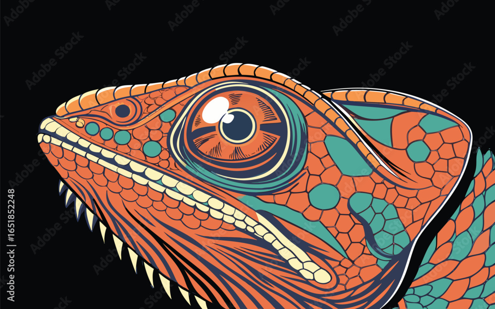 Vector close up chameleon textured skin bright orange green blue patterns around large glossy eye