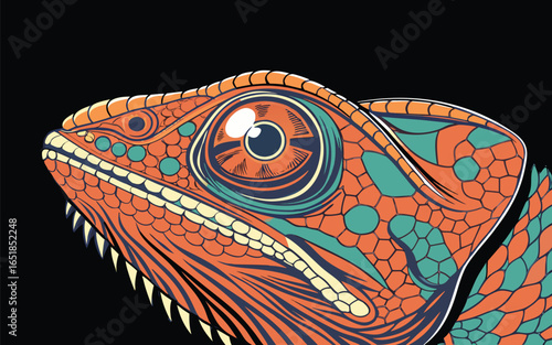 Vector close up chameleon textured skin bright orange green blue patterns around large glossy eye