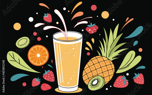 Vibrant glass of fresh juice with flying colorful fruits and splashes