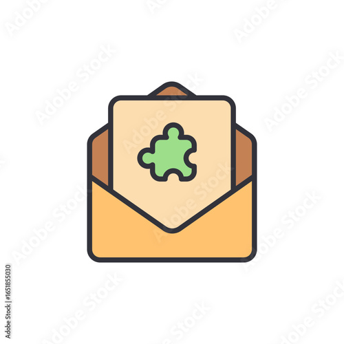 An icon of a puzzle piece on a letter being pulled out of an envelope. This represents a solution, a new piece of information, or a delivery.