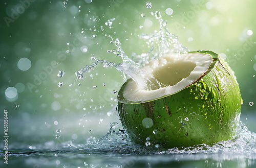 Fresh green coconut half splashing into clear water with droplets on a vibrant green background, natural and refreshing.