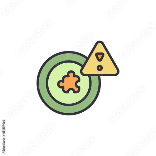 An icon of a puzzle piece in a circle with a warning triangle on top. It represents a problem, a potential issue, or an unfinished solution.