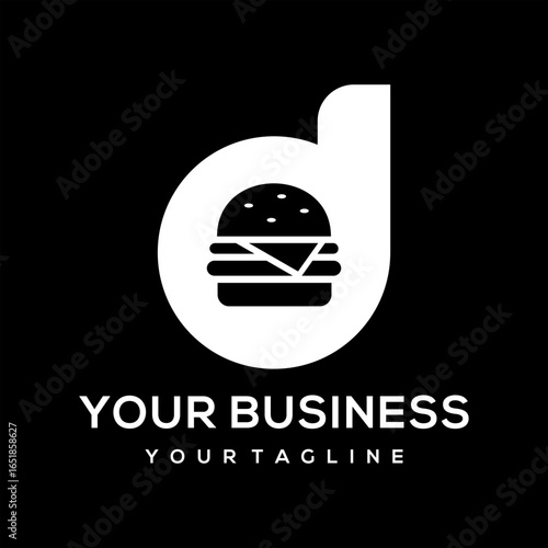 This logo combines the letter d and a burger, suitable for use in the food business.