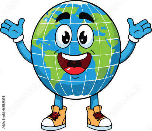Cartoon Earth character with smiling face, arms and legs, blue gloves, orange shoes, comic style vector illustration, cheerful planet design
