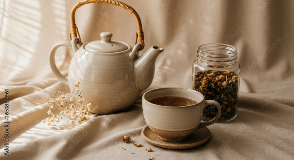 Fototapeta premium Ceramic Teapot and Cup with Brown Tea on Beige Linen Fabric