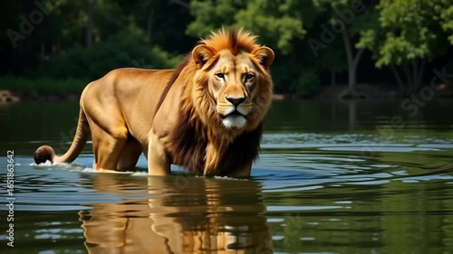 Majestic lion standing in river water with forest background in wildlife nature
