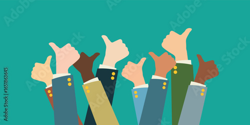 Multiracial group of hands with thumbs up. This vector illustration depicts a concept of approval, success, teamwork, and social media likes. Flat design for marketing or business
