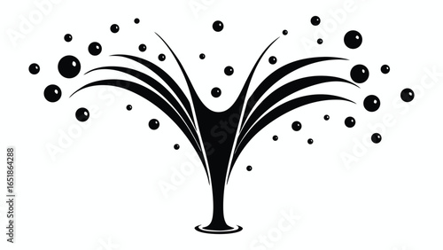 Vector art of abstract black and white fountain spray with bubbles, isolated on white background.