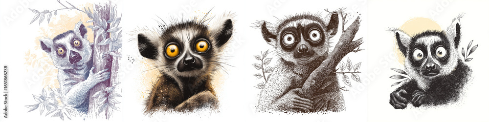 Obraz premium Whimsical Illustrations of Lemurs with Large Eyes and Unique Expressions in Vibrant Colors and Textures