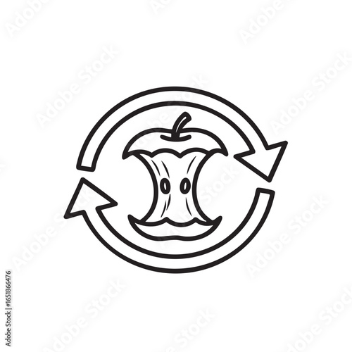 Apple core recycle symbol for composting organic waste and food waste reduction initiatives in black outline drawing style