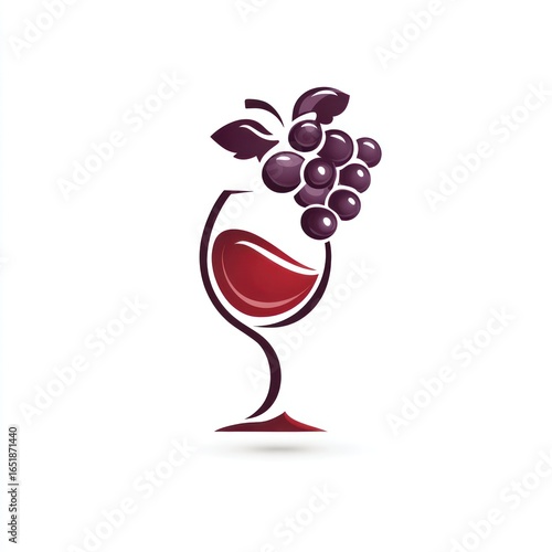 Stylized red wine glass with grapes illustration isolated on a white background