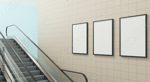 Three blank, vertical billboard mockups on a tiled wall next to an escalator