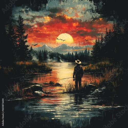 An atmospheric illustration of a lone fisherman standing by a river at sunset, surrounded by mountains and pine trees.