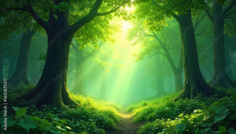 Naklejka premium Lush green forest scene, dappled sunlight filtering through leaves, creating a magical atmosphere Perfect for fantasy, nature, or environmental projects , biodiversity, tranquil
