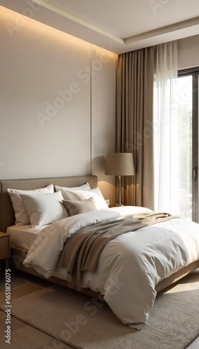 Serene bedroom interior, featuring soft lighting, neutral tones, and calming textures Perfect for relaxation and peaceful sleep , window, grey, restful
