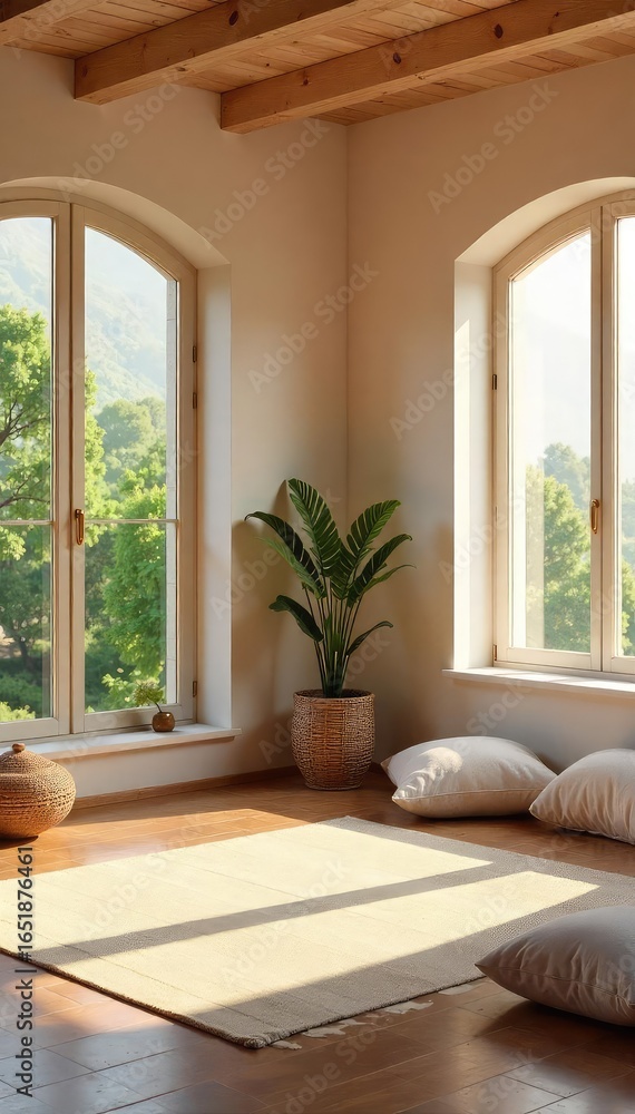 Fototapeta premium Serene meditation room bathed in soft natural light, featuring comfortable cushions and calming decor, ideal for mindfulness and relaxation , breathing, natural light, quiet space