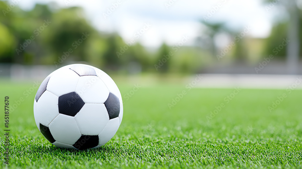 Fototapeta premium A close-up of a soccer ball on a green field, perfect for capturing the essence of sports and outdoor activities.