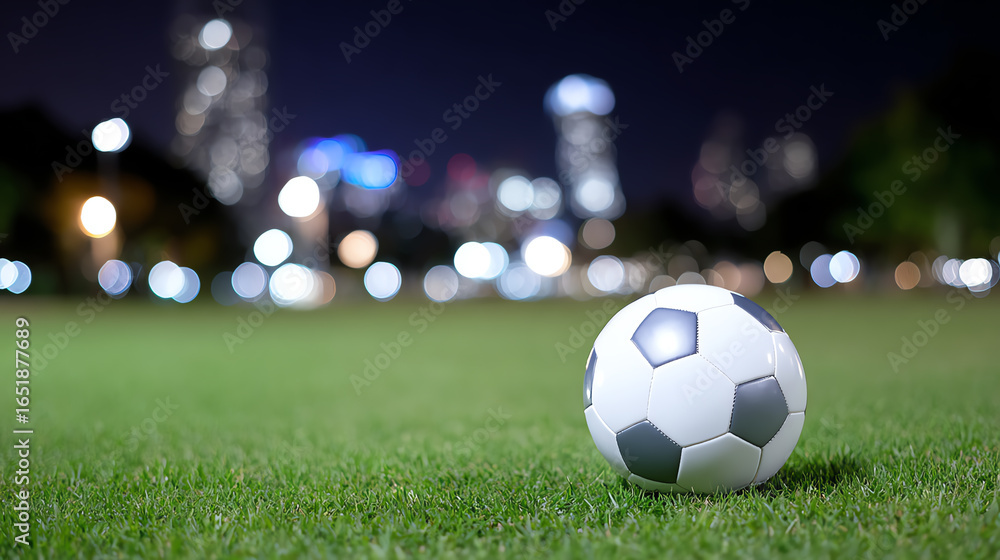 Fototapeta premium A close-up of a soccer ball on vibrant green grass at night, surrounded by a blurred city skyline in the background.