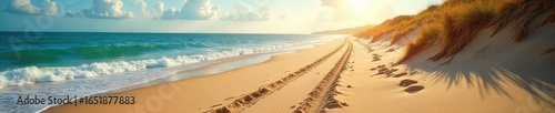Sun-drenched sand, tire tracks leading to the ocean, waves crashing on the shore A perfect summer escape scene, idyllic and serene Perfect for travel, summer, and nature themes , sunshine, nature