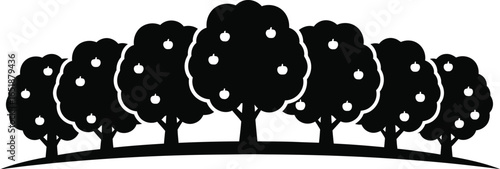 A silhouette of an apple orchard with fruit trees in a row, depicting a natural landscape with a grove of trees a hill in the countryside
