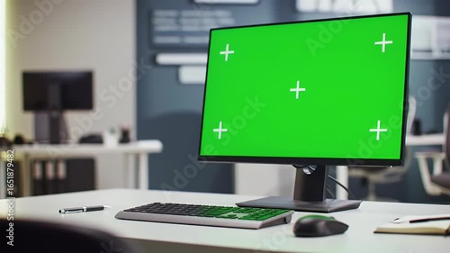 Computer Monitor Displaying Green Screen, Business Environment, Workspace Viewpoint, Digital Content