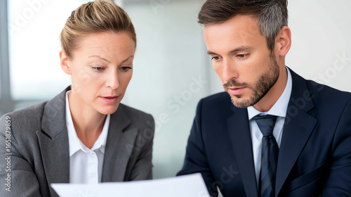 Wallpaper Mural A professional duo analyzes important documents, showcasing collaboration and teamwork in a modern office environment. Torontodigital.ca