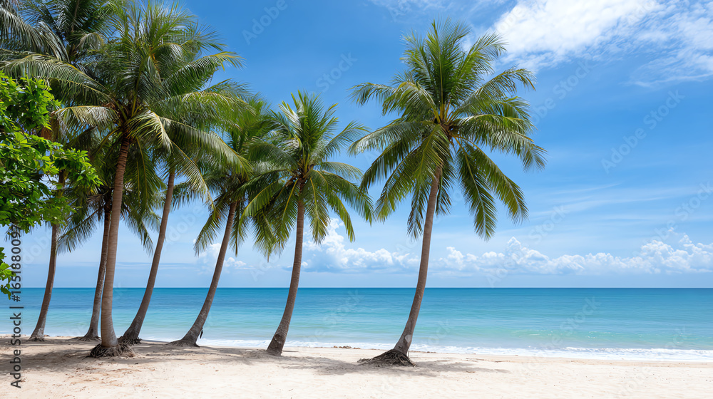 A serene beach scene featuring tall palm trees swaying gently in the tropical breeze against a clear blue sky and calm ocean. A serene beach scene featuring tall palm trees swaying gently in the tropical breeze against a clear blue sky and calm ocean.