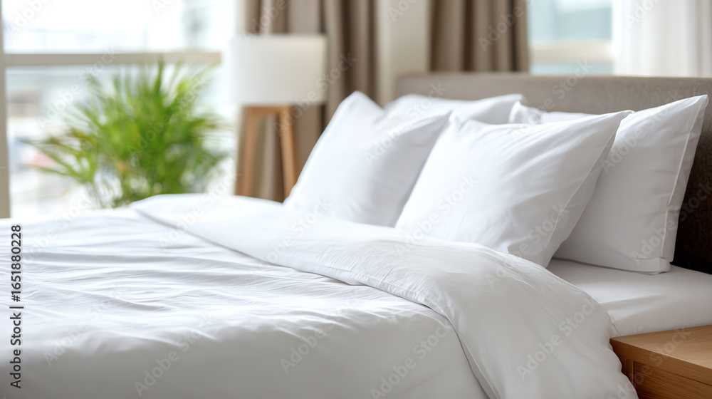 Obraz premium A serene bedroom setting featuring a neatly made bed with white linens, soft pillows, and natural light creating a calming atmosphere.