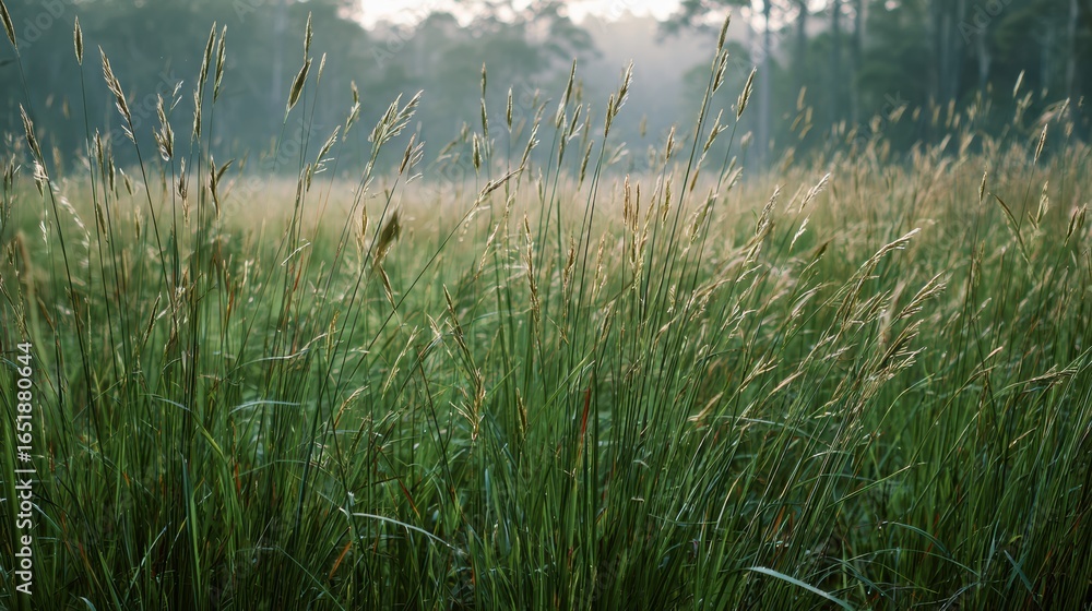 Obraz premium A serene landscape featuring tall, lush green grass swaying gently in the breeze under a soft morning light.