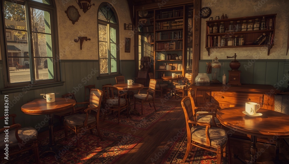 Naklejka premium Vintage classic cafe interior with wooden furniture and warm atmosphere
