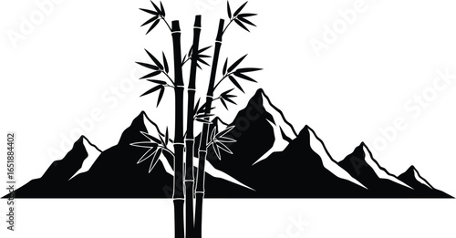 Silhouette of bamboo trees with mountains, a serene landscape evoking nature, zen, and asian culture, perfect for designs needing a touch of tranquility