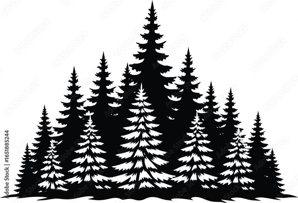 Fototapeta premium Silhouette of a dense pine forest, showcasing the beauty of nature with evergreen trees in a simple yet elegant design for various applications