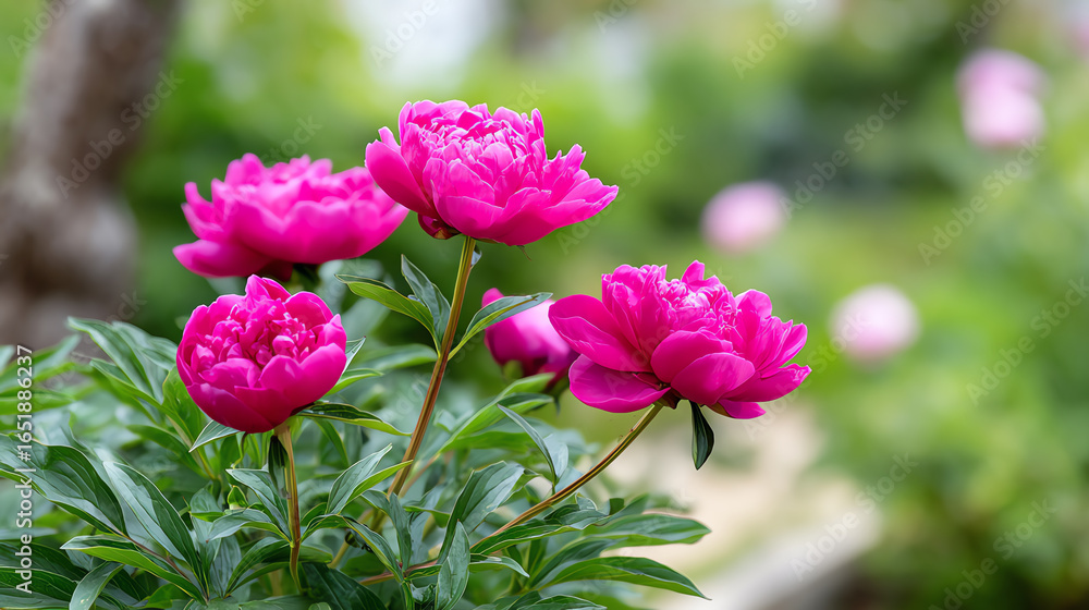 Vibrant pink peonies bloom beautifully in a lush garden setting, showcasing their rich colors and delicate petals in the sunlight. Vibrant pink peonies bloom beautifully in a lush garden setting, showcasing their rich colors and delicate petals in the sunlight.
