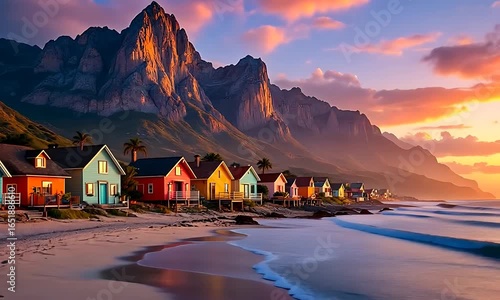 Colorful Houses on a Beach at Sunset with Mountain Background