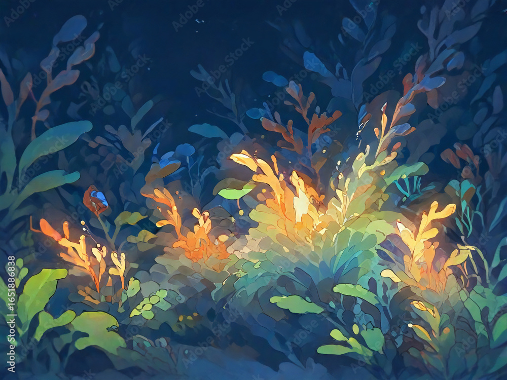 Fototapeta premium A fantastical underwater garden with swaying, glowing seaweed. Seaweed and aquatic plants that emit a soft glow are spread out neatly under the sea like a garden.